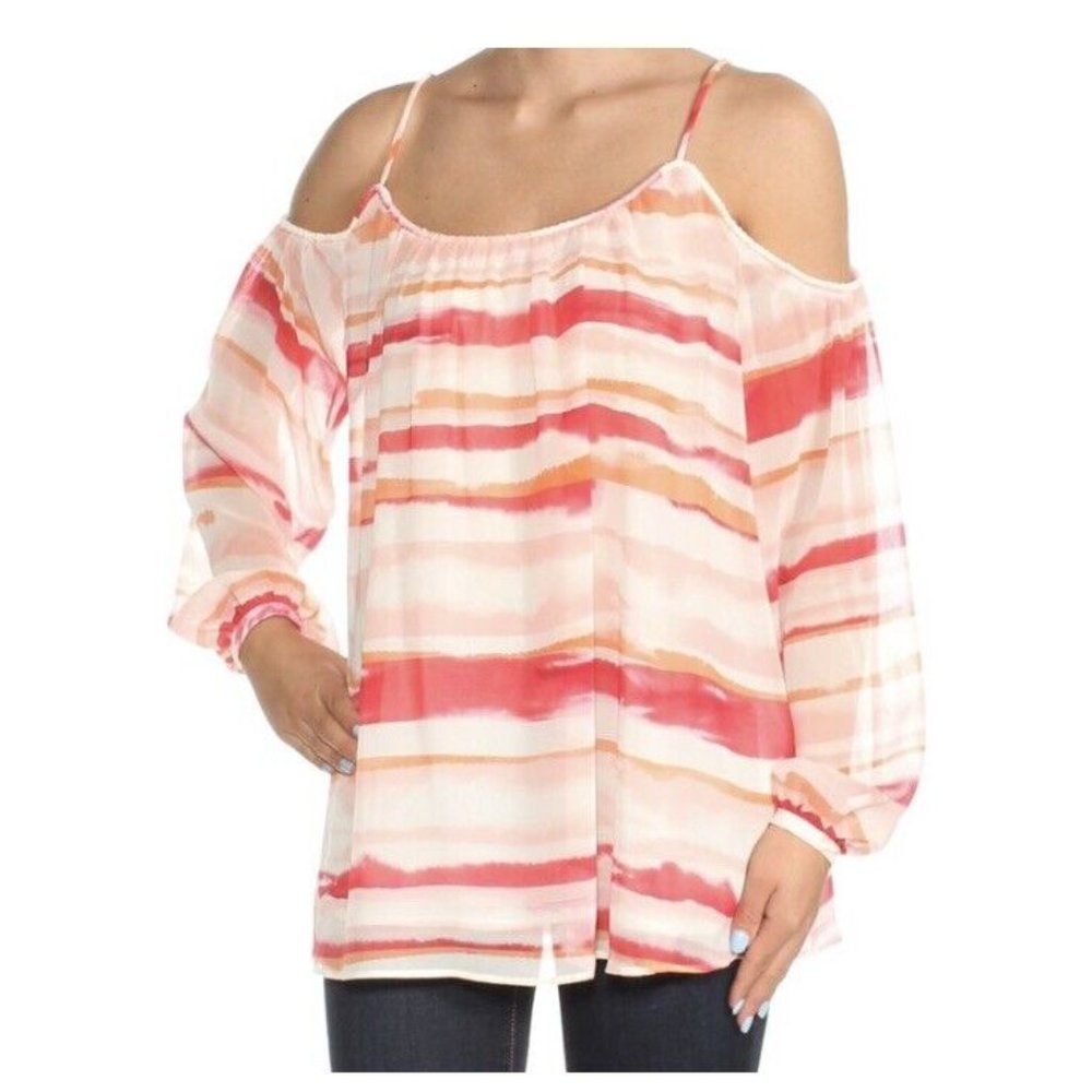 Calvin Klein Women's Coral Striped Cold Shoulder Long Sleeve Scoop Neck Top Sz L